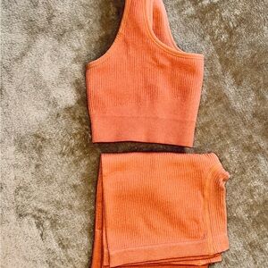 Tank Ribbed Crop Top and Matching Short Set - Coral Orange XS/S